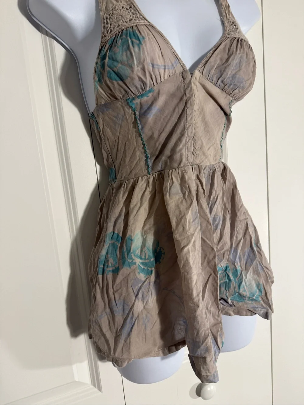Free People Taupe Top with Teal Floral Accents
